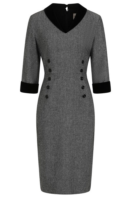 GREY SYLVIA HERRINGBONE PENCIL DRESS