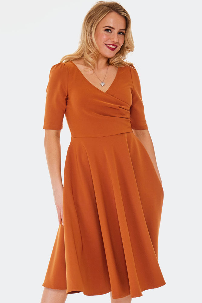 Orange Half Sleeves Flare Dress